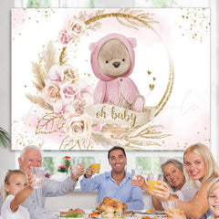 Lofaris Pink With Golden Bear Floral Cute Baby Shower Backdrop