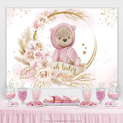 Lofaris Pink With Golden Bear Floral Cute Baby Shower Backdrop