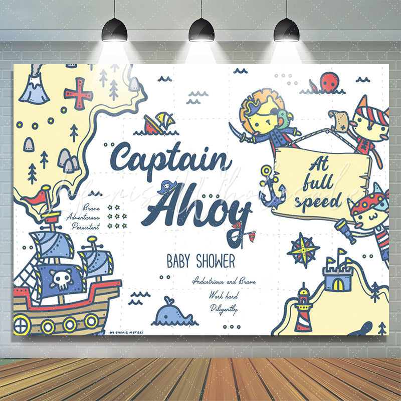 Lofaris Pirate Cats Captain Ahoy White Baby Shower Backdrop