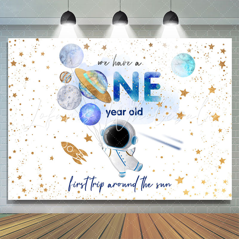 Lofaris Planet Spaceman Gold Glitter 1st Birthday Backdrop