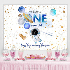 Lofaris Planet Spaceman Gold Glitter 1st Birthday Backdrop