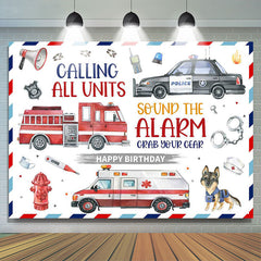 Lofaris Police Fire Truck Ambulance Happy Birthday Backdrop