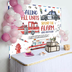 Lofaris Police Fire Truck Ambulance Happy Birthday Backdrop