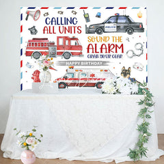 Lofaris Police Fire Truck Ambulance Happy Birthday Backdrop