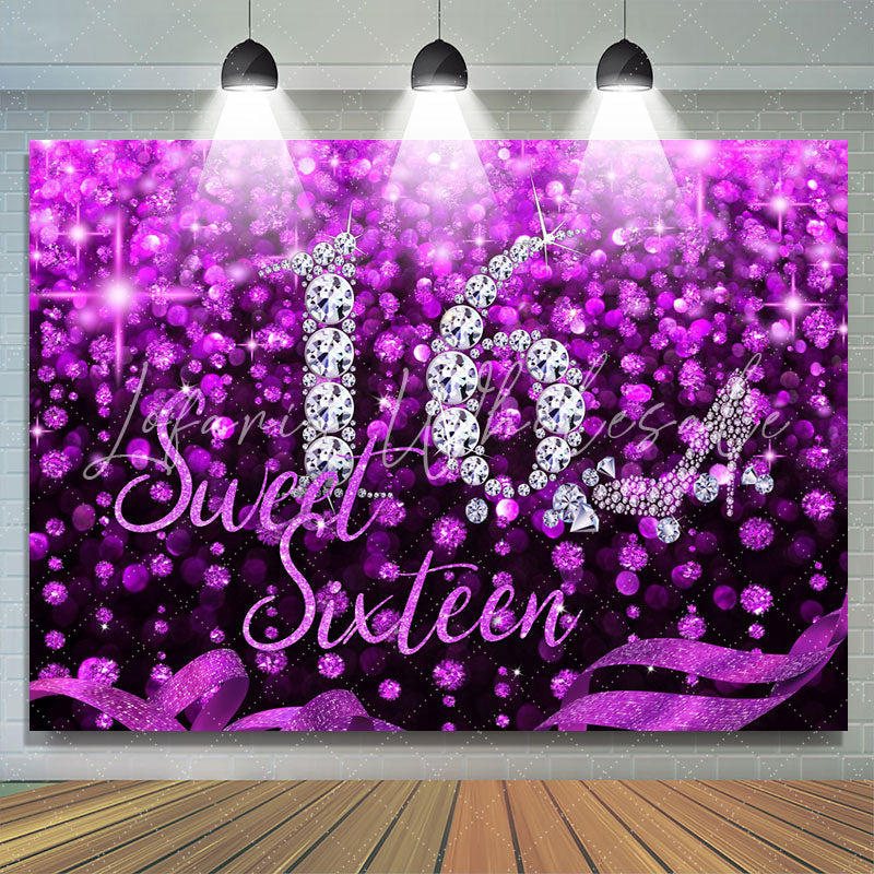 Lofaris Purple And Black Glitter Sweet 16th Birthday Backdrop