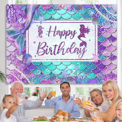 Lofaris Purple And Blue Cute Mermaid Happy Birthday Backdrop