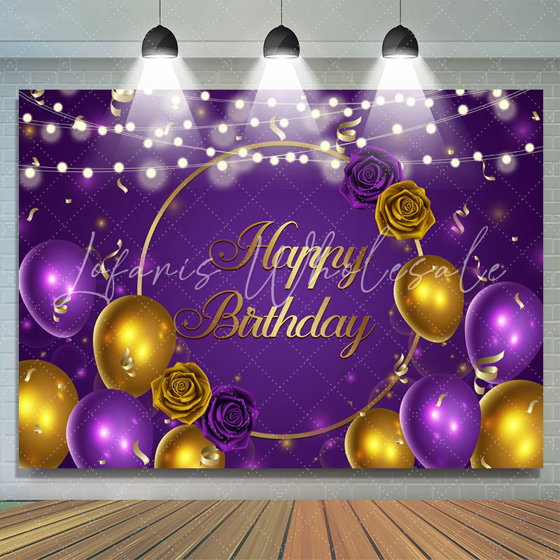 Lofaris Purple And Gold Ballons With Rose Birthday Backdrop