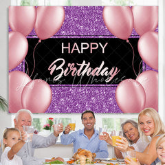 Lofaris Purple And Pink Glitter Balloon Happy Birthday Backdrop