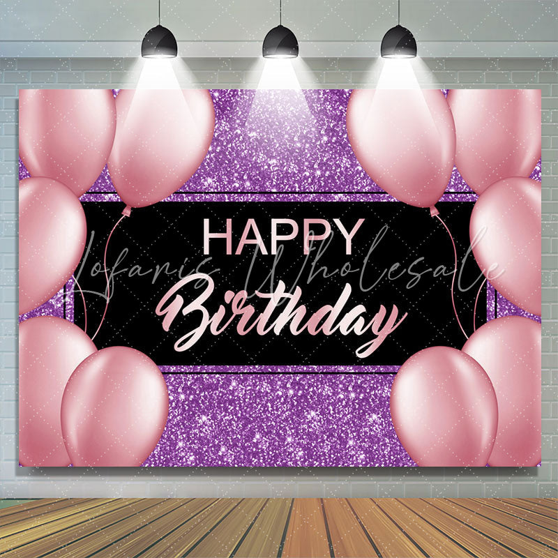 Lofaris Purple And Pink Glitter Balloon Happy Birthday Backdrop