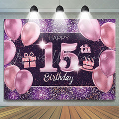 Lofaris Purple Balloons Glitter Gifts 15th Birthday Backdrop