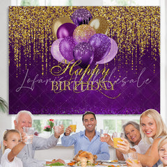 Lofaris Purple Balloons Gold Glitter Happy Birthday Backdrop