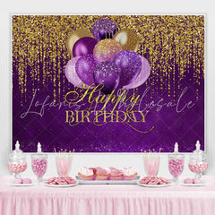 Lofaris Purple Balloons Gold Glitter Happy Birthday Backdrop