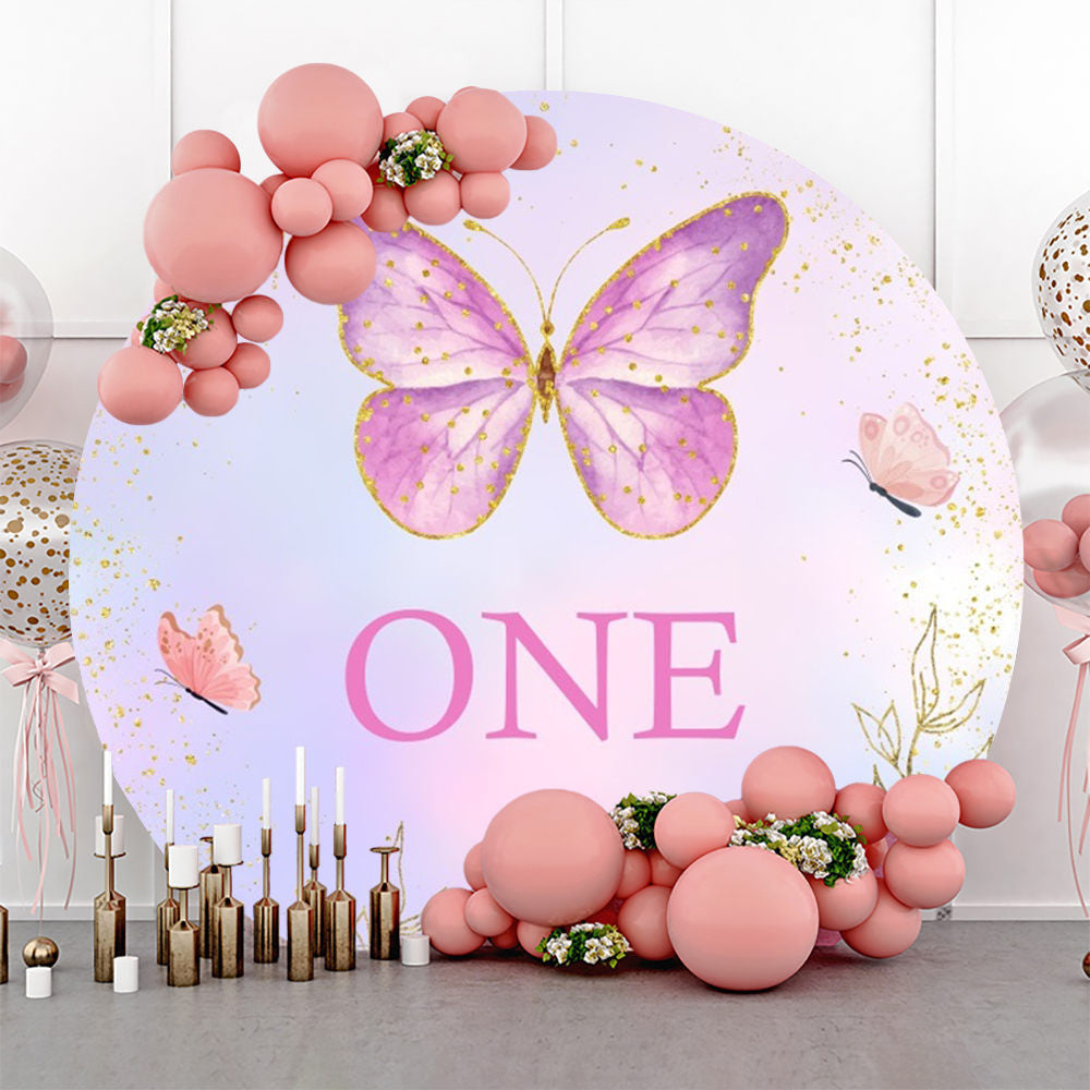 Lofaris Purple Butterfly Glitter Round One Birthday Backdrop