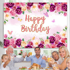 Lofaris Purple Floral And Butterfly Happy Birthday Backdrop