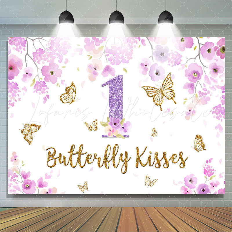 Lofaris Purple Floral and Gold Butterfly 1St Birthday Backdrop