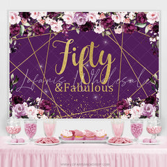 Lofaris Purple Floral And Gold Glitter Fifty Birthday Backdrop