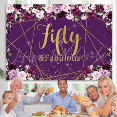 Lofaris Purple Floral And Gold Glitter Fifty Birthday Backdrop