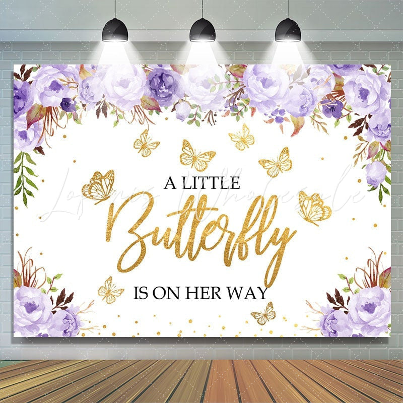 Lofaris Purple Floral and Golden Butterfly Baby Shower Backdrop