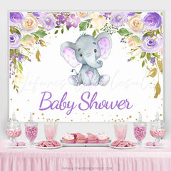 Lofaris Purple Floral Elephant White Baby Shower Backdrop Banner