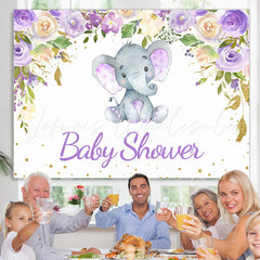 Lofaris Purple Floral Elephant White Baby Shower Backdrop Banner