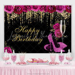 Lofaris Purple Floral Heels Gold Glitter Happy Birthday Backdrop