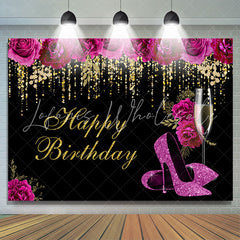 Lofaris Purple Floral Heels Gold Glitter Happy Birthday Backdrop