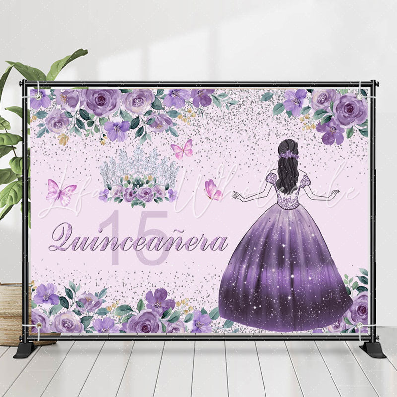 Lofaris Purple Floral Quinceanera 15th Birthday Backdrop