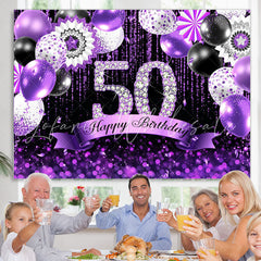 Lofaris Purple Glitter Balloons Black 50th Birthday Backdrop