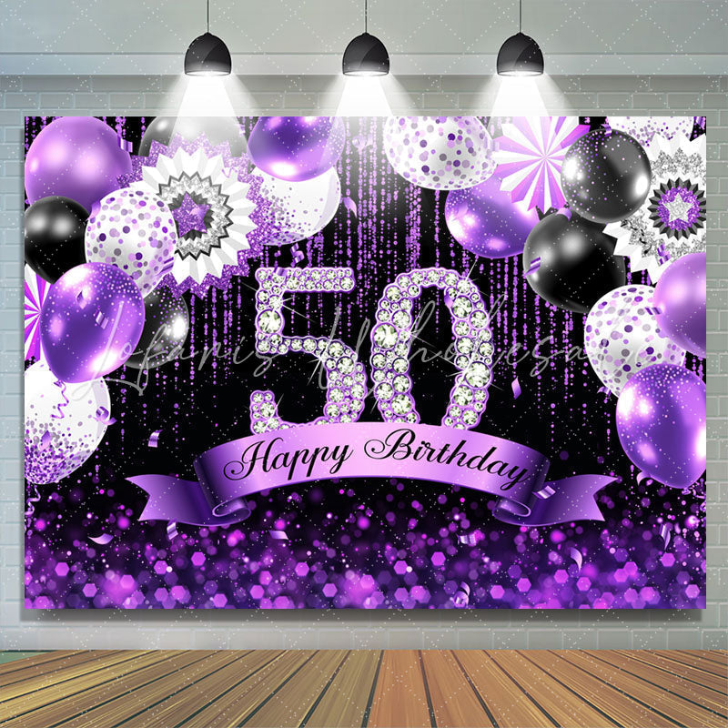 Lofaris Purple Glitter Balloons Black 50th Birthday Backdrop