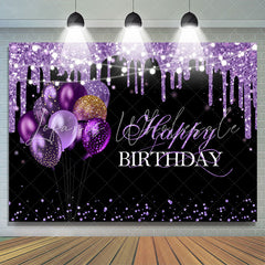 Lofaris Purple Glitter Balloons Black Happy Birthday Backdrop