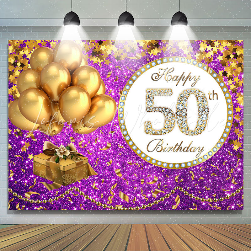 Lofaris Purple Glittle and Gold Balloon 50th Birthday Backdrop