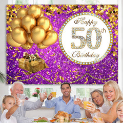 Lofaris Purple Glittle and Gold Balloon 50th Birthday Backdrop