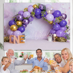 Lofaris Purple Gold Balloons Leaves One Happy Birthday Backdrop