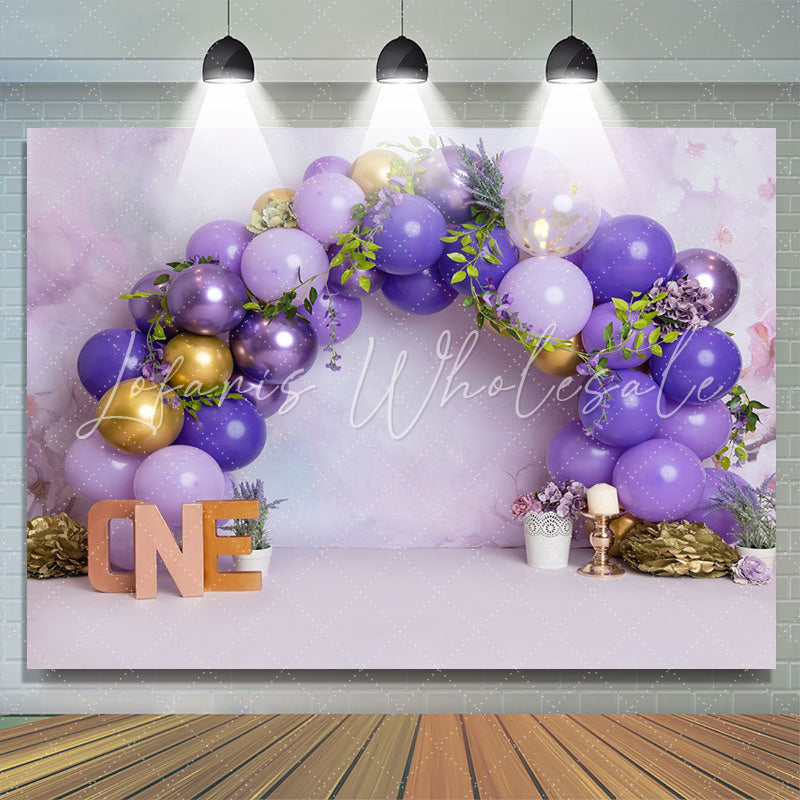 Lofaris Purple Gold Balloons Leaves One Happy Birthday Backdrop