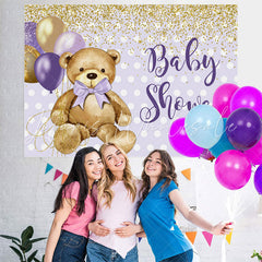 Lofaris Purple Golden Balloon Teddy Bear Baby Shower Backdrop