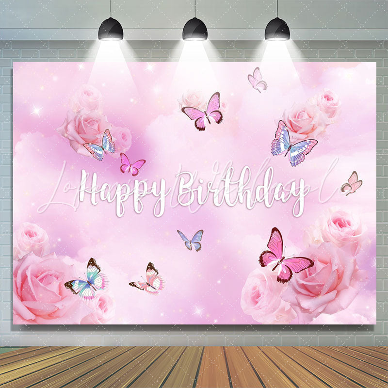 Lofaris Purple Pink Butterfly Floral Happy Birthday Backdrop