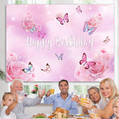 Lofaris Purple Pink Butterfly Floral Happy Birthday Backdrop