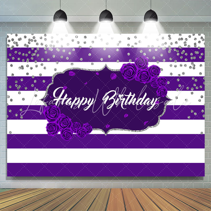 Lofaris Purple Stripes Rose Happy Birthday Backdrop for Girl