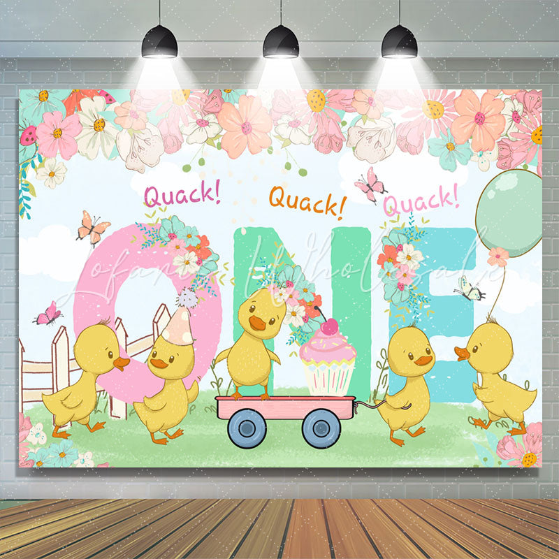 Lofaris Quack One Floral Duck Happy 1st Birthday Backdrop