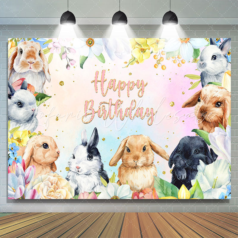 Lofaris Rabbits Colorful Flowers Happy Birthday Backdrop