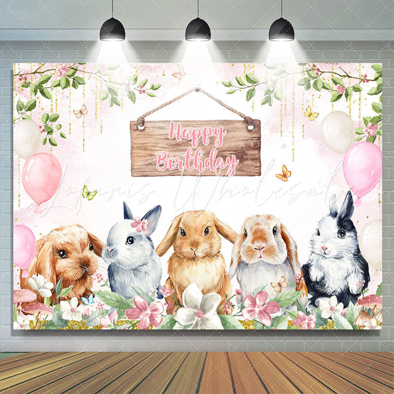 Lofaris Rabbits Pink Balloons Glitter Birthday Backdrop