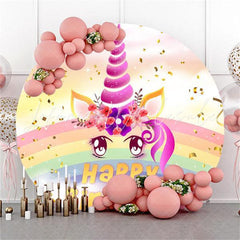 Lofaris Rainbow And Unicorn Round Happy Birthday Party Backdrop