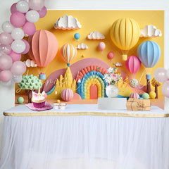 Lofaris Rainbow Hot Air Balloons Cloud Birthday Backdrop