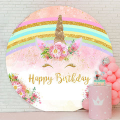 Lofaris Rainbow Pink Unicorn Round Happy Birthday Backdrop