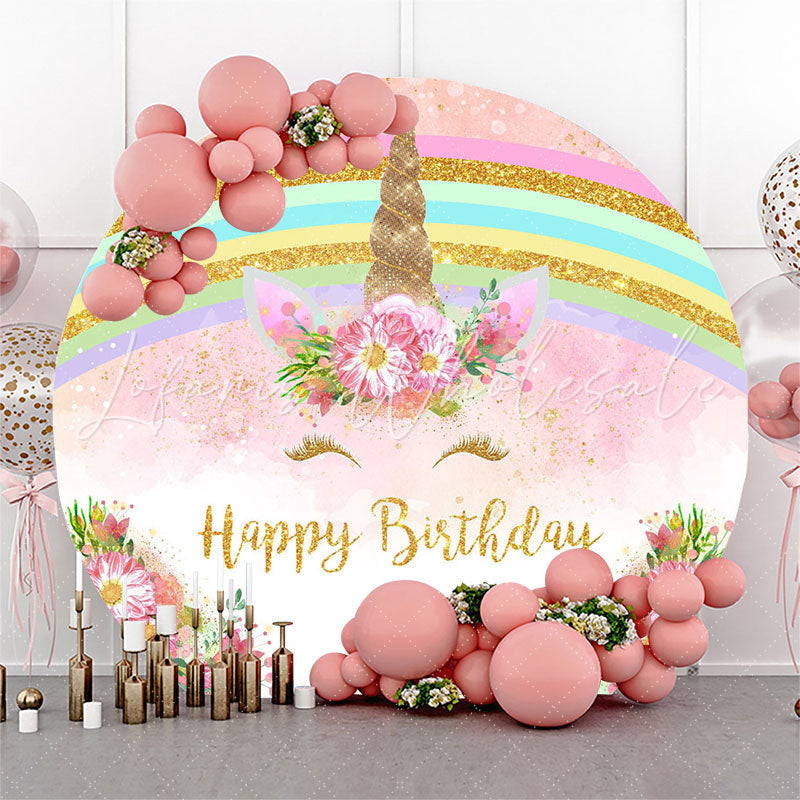 Lofaris Rainbow Pink Unicorn Round Happy Birthday Backdrop