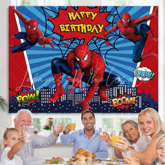 Lofaris Red And Blue Cartoon Super Hero Happy Birthday Backdrop