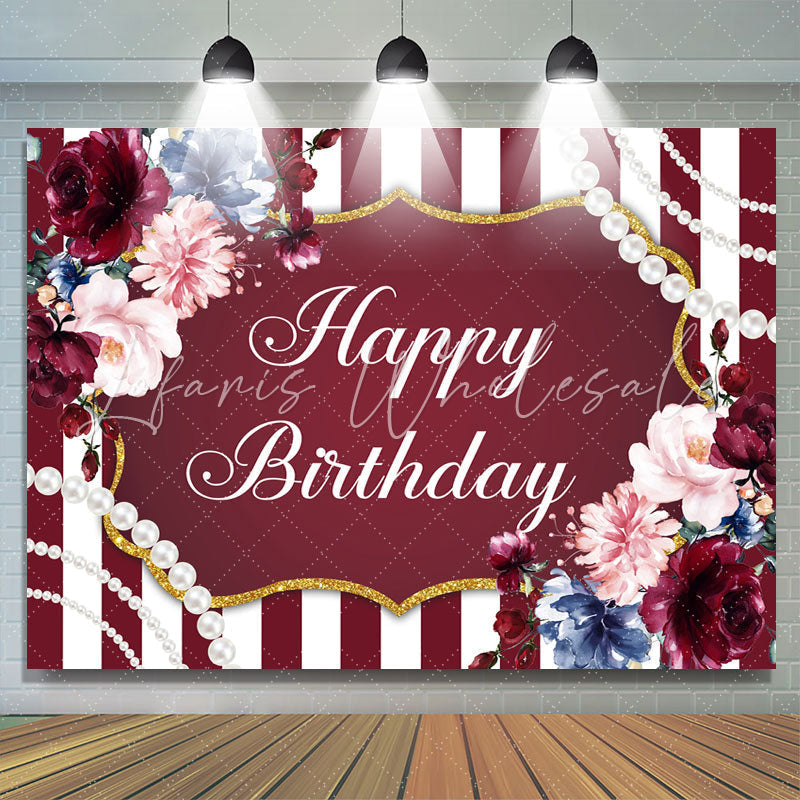 Lofaris Red And White Line With Floral Gold Birthday Backdrop