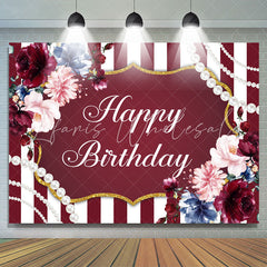 Lofaris Red And White Line With Floral Gold Birthday Backdrop