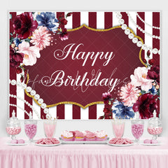 Lofaris Red And White Line With Floral Gold Birthday Backdrop