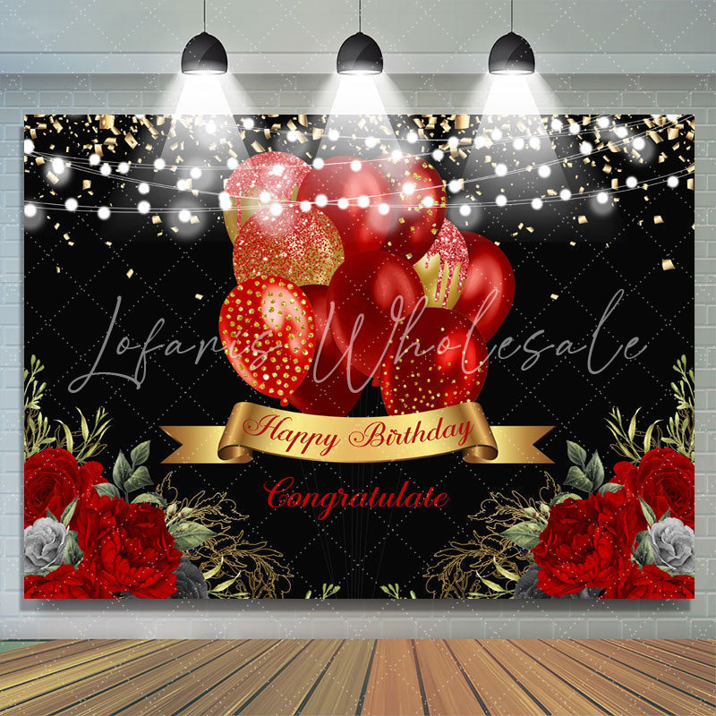 Lofaris Red Balloon Rose Happy Birthday Gold Glitter Lights Black Backdrop